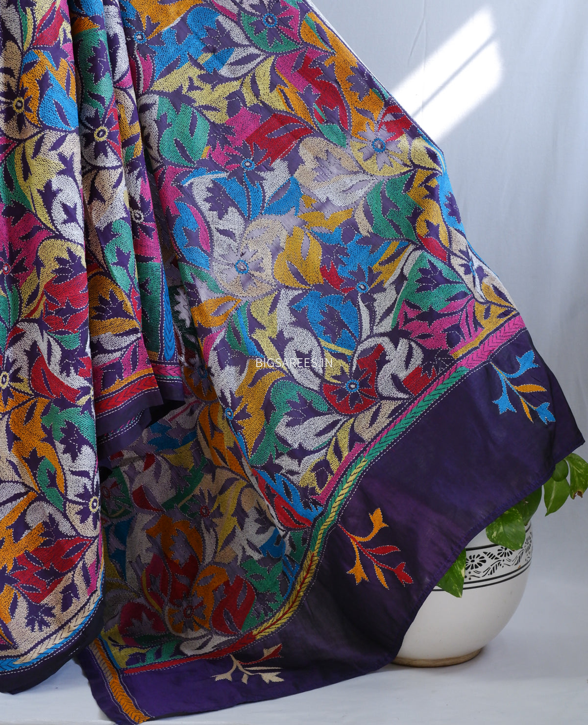 Reverse Kantha Hand Embroidered Sarees | Blended Bangalore Silk/Art Silk | Purple