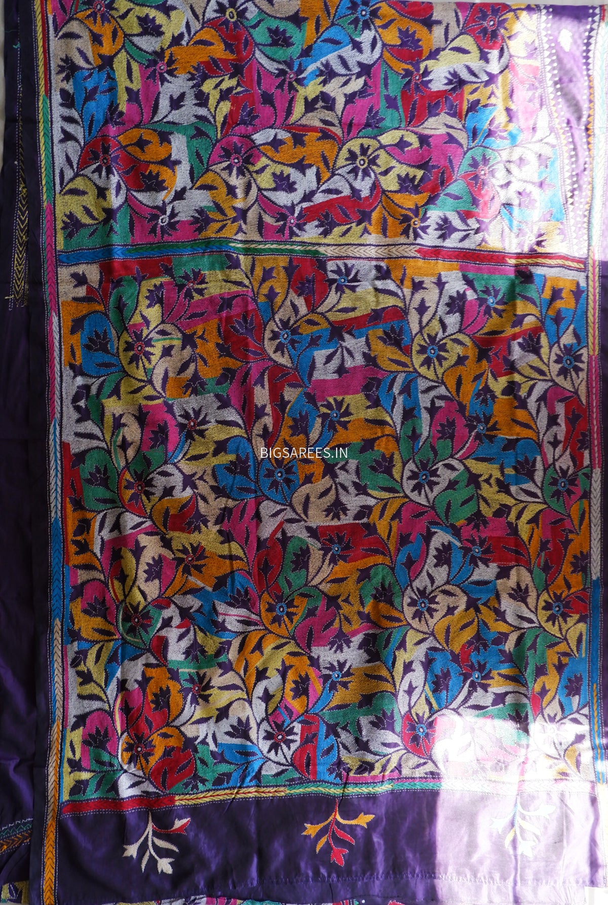 Reverse Kantha Hand Embroidered Sarees | Blended Bangalore Silk/Art Silk | Purple
