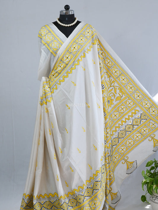 Kantha - Stitch Hand Embroidered Saree | Blended Bangalore Silk / Art Silk | Yellow Ochre