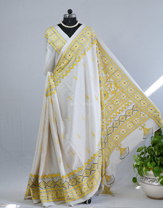 Kantha - Stitch Hand Embroidered Saree | Blended Bangalore Silk / Art Silk | Yellow Ochre