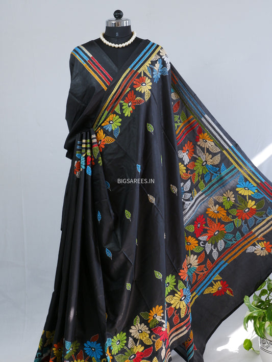 Kantha - Stitch Hand Embroidered Saree | Blended Bangalore Silk / Art Silk | Black