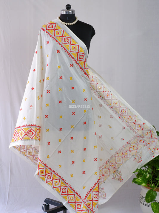 Kutchi Work Dupatta | Blended Bangalore Silk | White