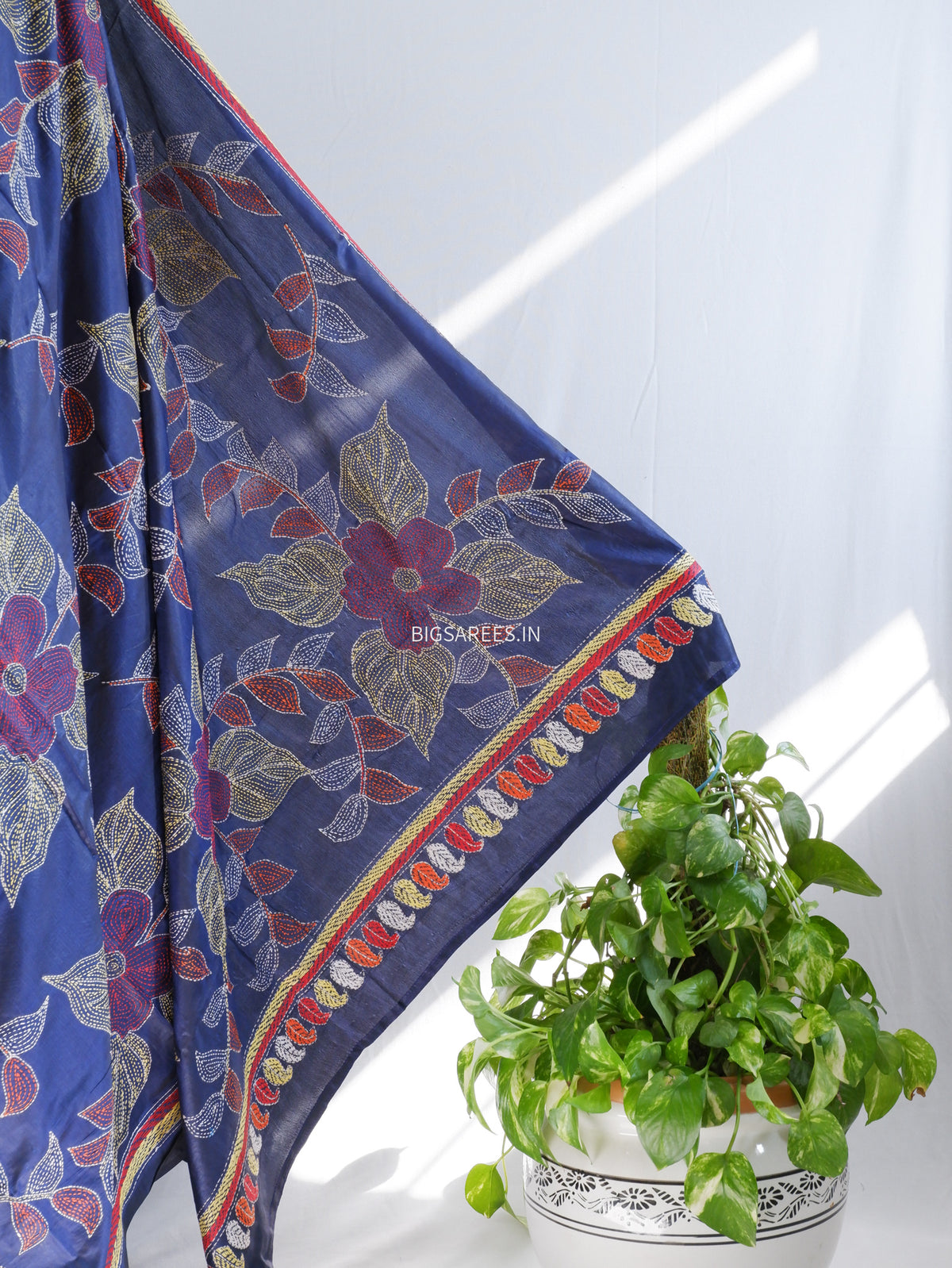 Kantha-Stitch Hand Embroidered Saree | Blended Bangalore Silk / Art Silk | Navy Blue