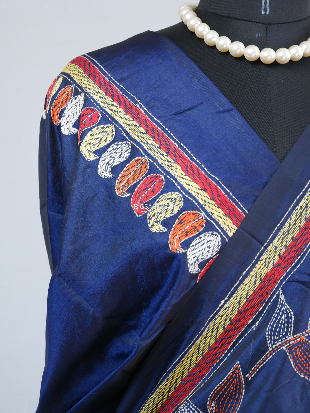 Kantha-Stitch Hand Embroidered Saree | Blended Bangalore Silk / Art Silk | Navy Blue