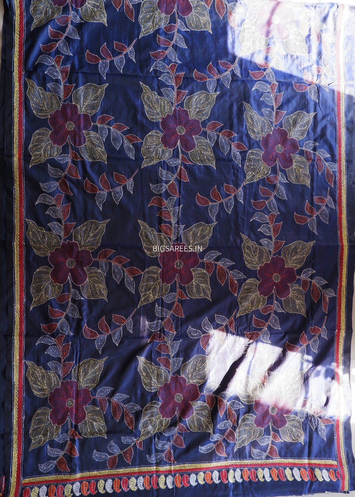 Kantha-Stitch Hand Embroidered Saree | Blended Bangalore Silk / Art Silk | Navy Blue