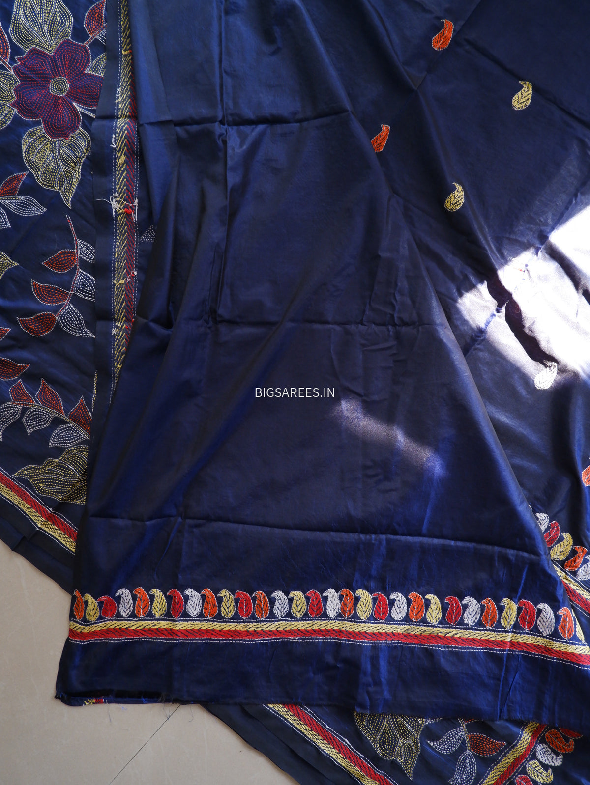 Kantha-Stitch Hand Embroidered Saree | Blended Bangalore Silk / Art Silk | Navy Blue