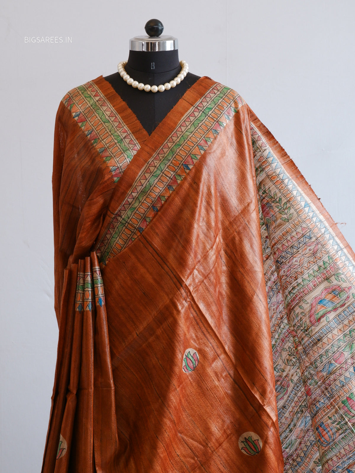 Handcrafted Madhubani Saree | Pure Tussar Ghicha Silk | Silk Mark Certified | Brown