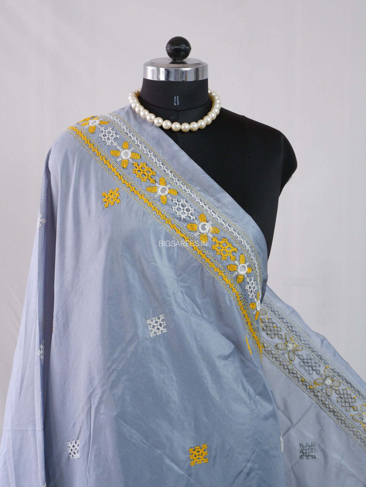 Kutchi Work Dupatta | Blended Bangalore Silk | Real Mirror | Light Grey