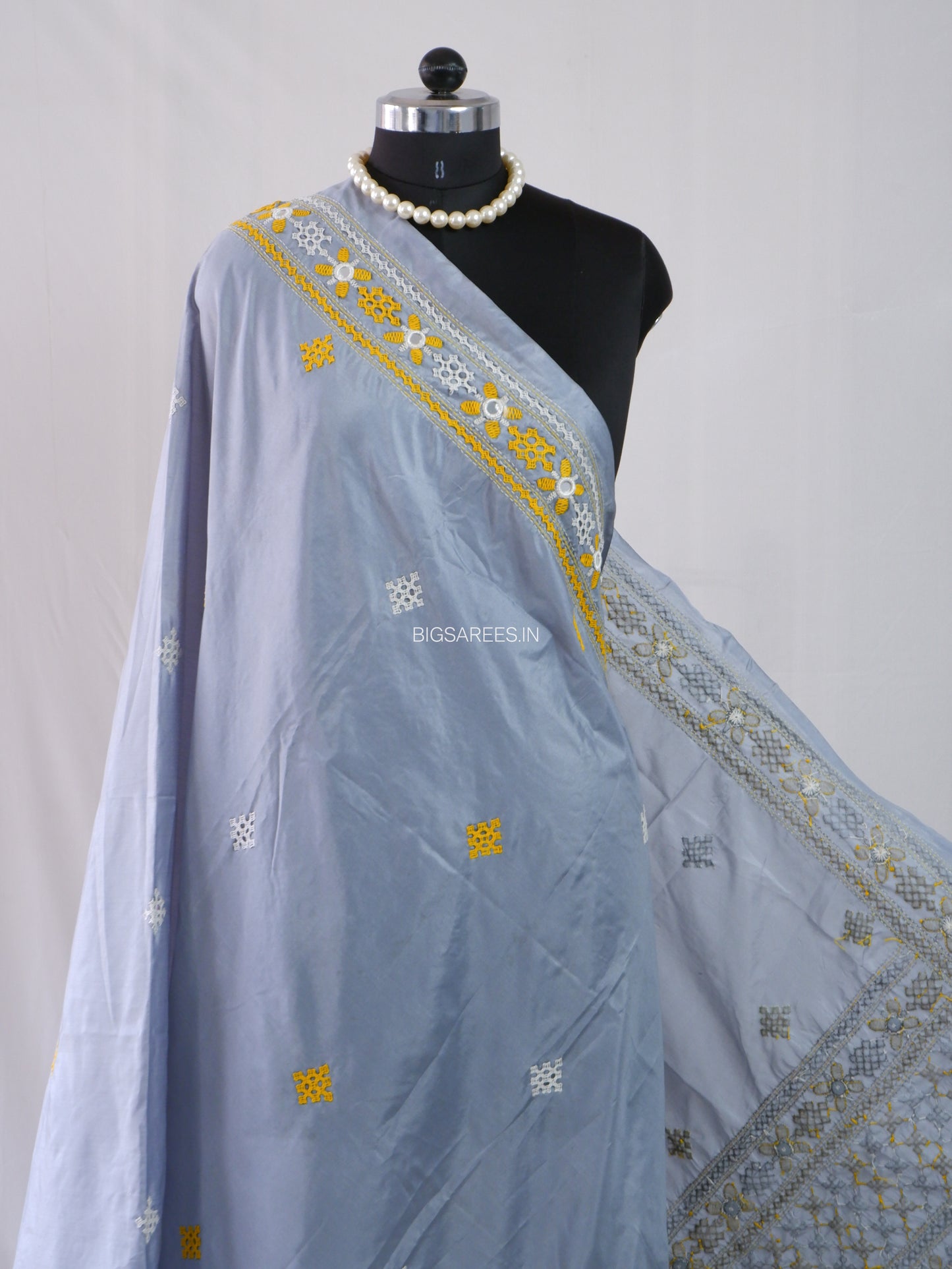Kutchi Work Dupatta | Blended Bangalore Silk | Real Mirror | Light Grey