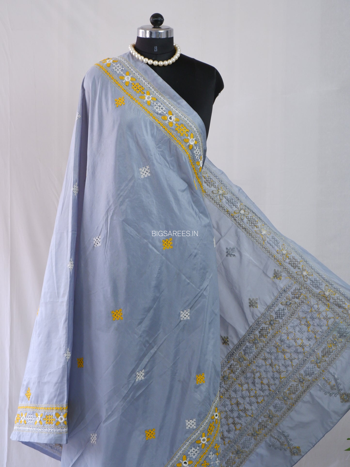 Kutchi Work Dupatta | Blended Bangalore Silk | Real Mirror | Light Grey