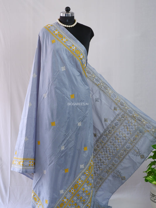 Kutchi Work Dupatta | Blended Bangalore Silk | Real Mirror | Light Grey