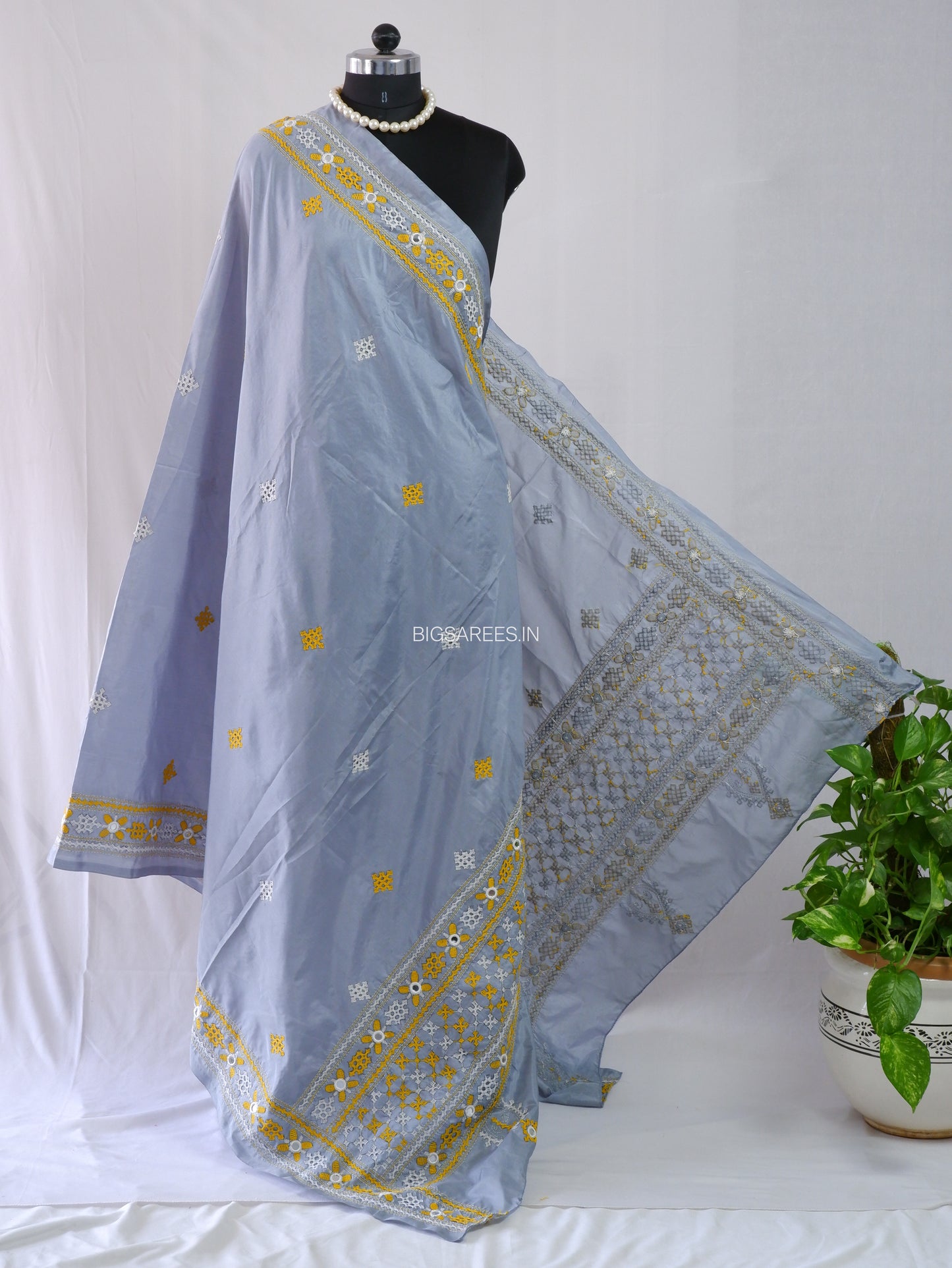 Kutchi Work Dupatta | Blended Bangalore Silk | Real Mirror | Light Grey