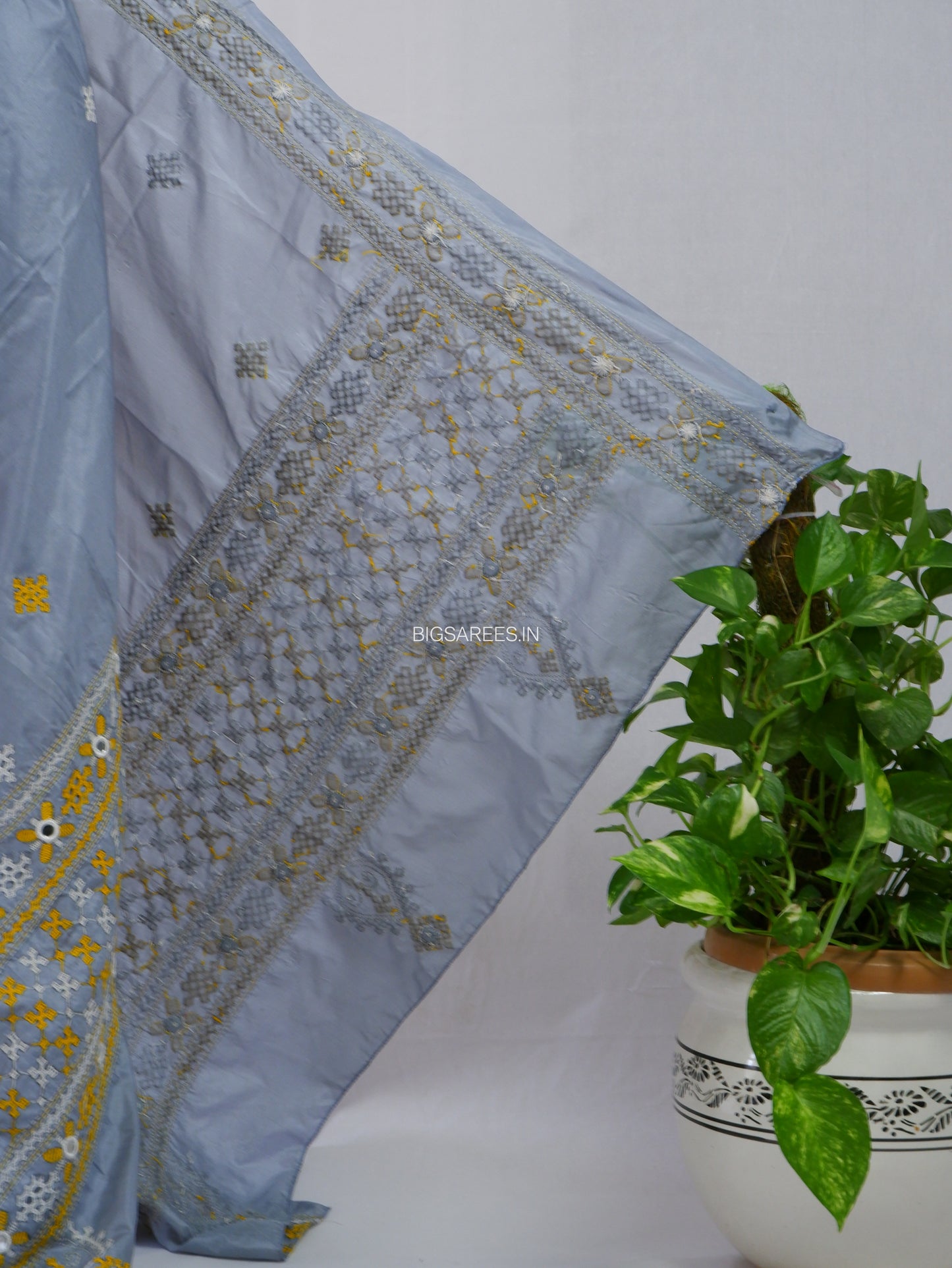 Kutchi Work Dupatta | Blended Bangalore Silk | Real Mirror | Light Grey