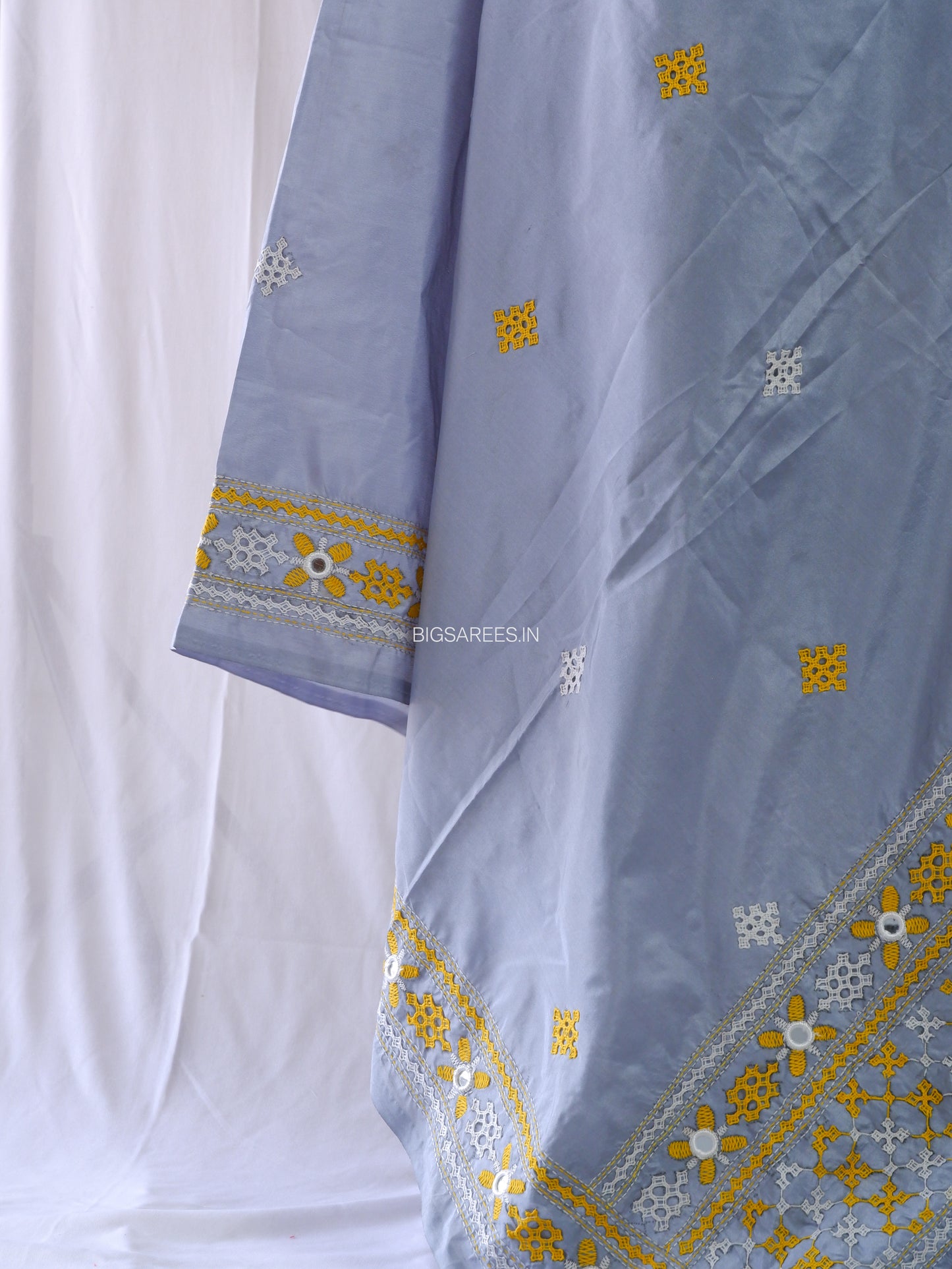 Kutchi Work Dupatta | Blended Bangalore Silk | Real Mirror | Light Grey