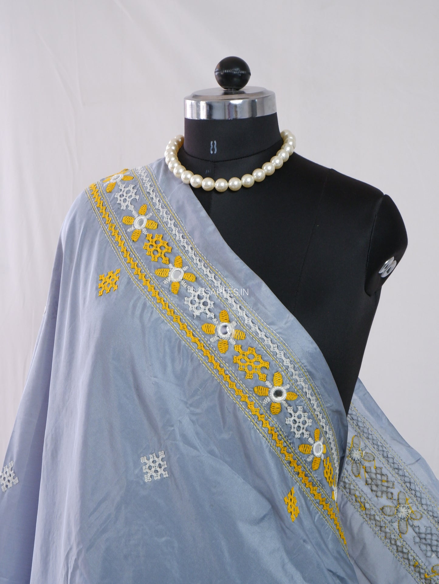 Kutchi Work Dupatta | Blended Bangalore Silk | Real Mirror | Light Grey