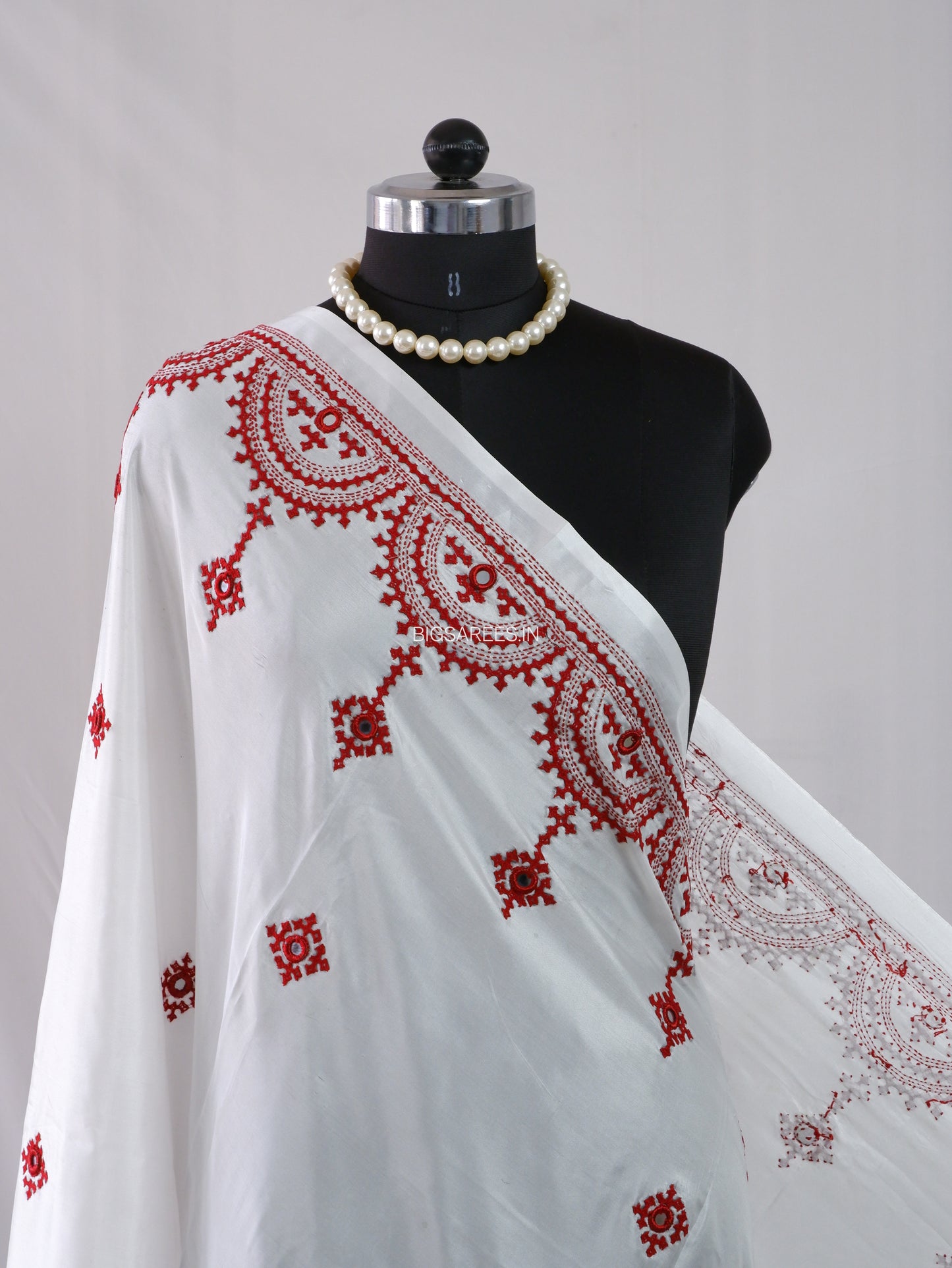 Kutchi Work Dupatta | Blended Bangalore Silk | Real Mirror Work | White