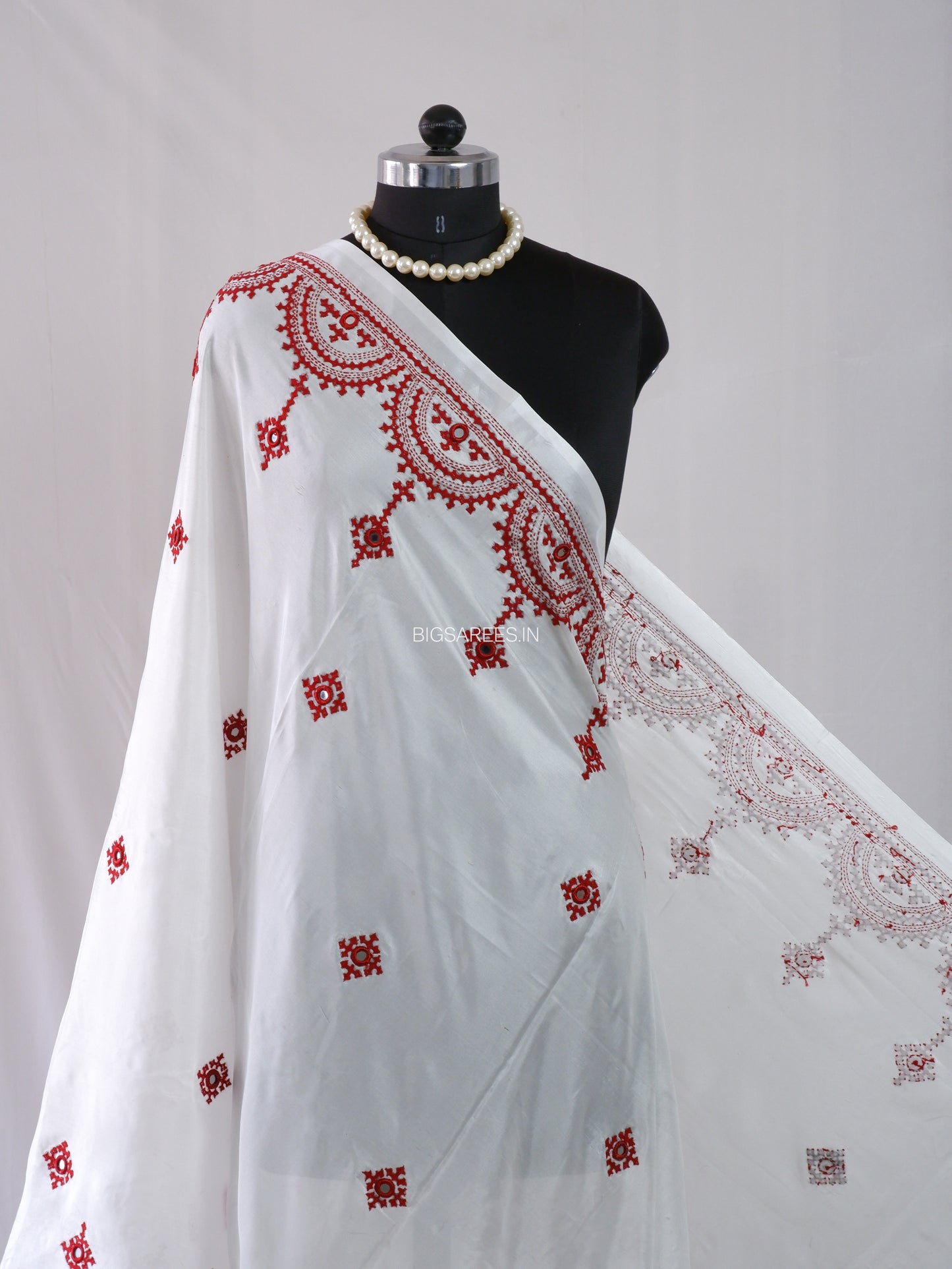 Kutchi Work Dupatta | Blended Bangalore Silk | Real Mirror Work | White