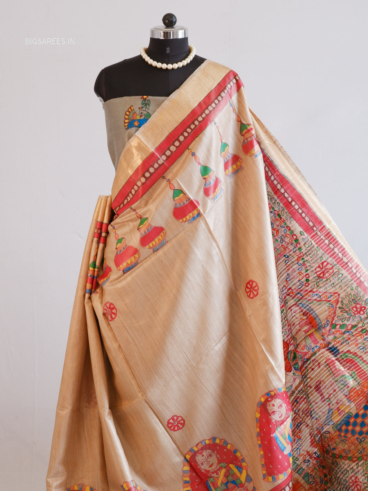 Handcrafted Madhubani Saree | Pure Desi Tussar Silk | Silk Mark Certified | Beige