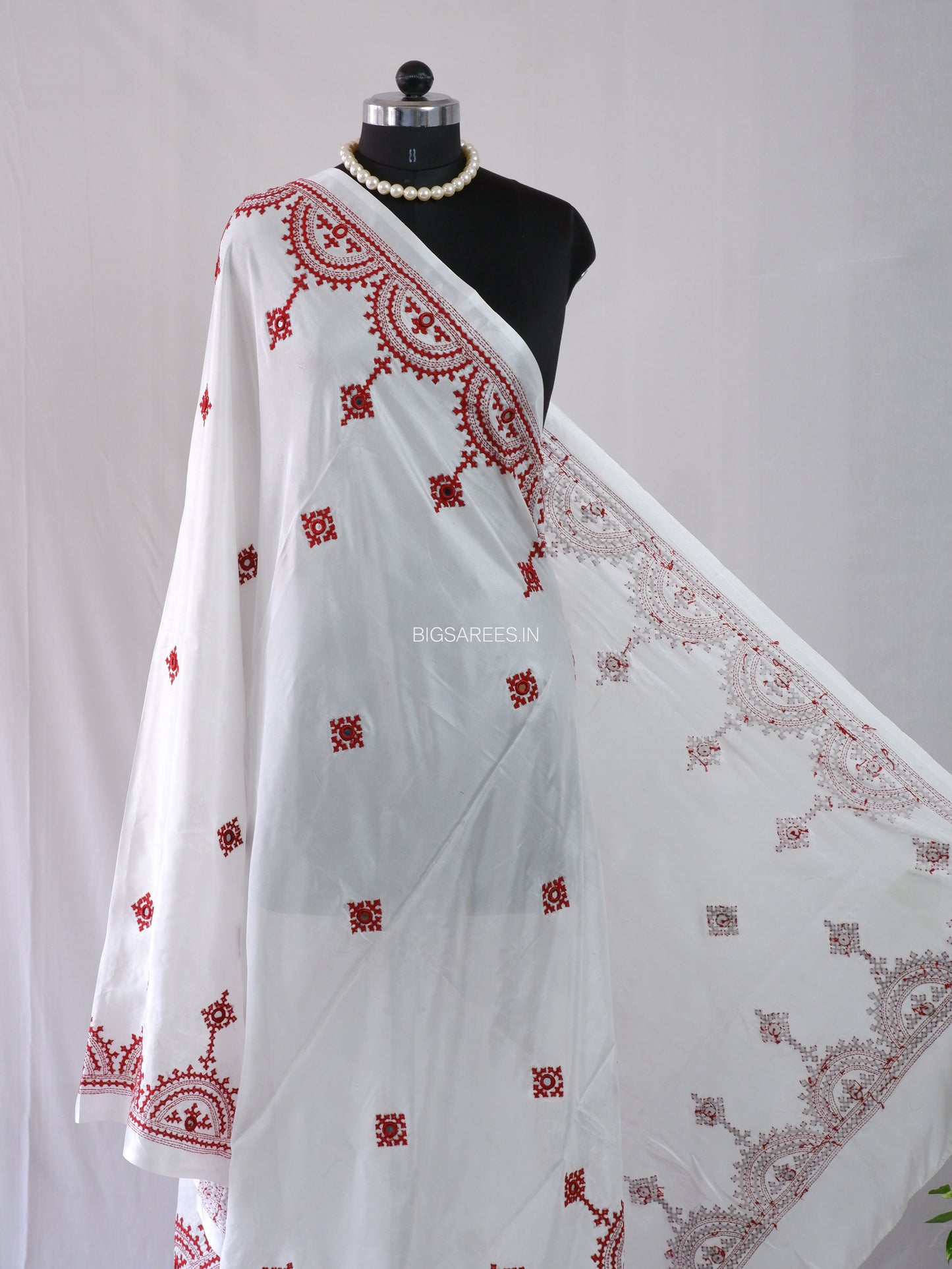 Kutchi Work Dupatta | Blended Bangalore Silk | Real Mirror Work | White