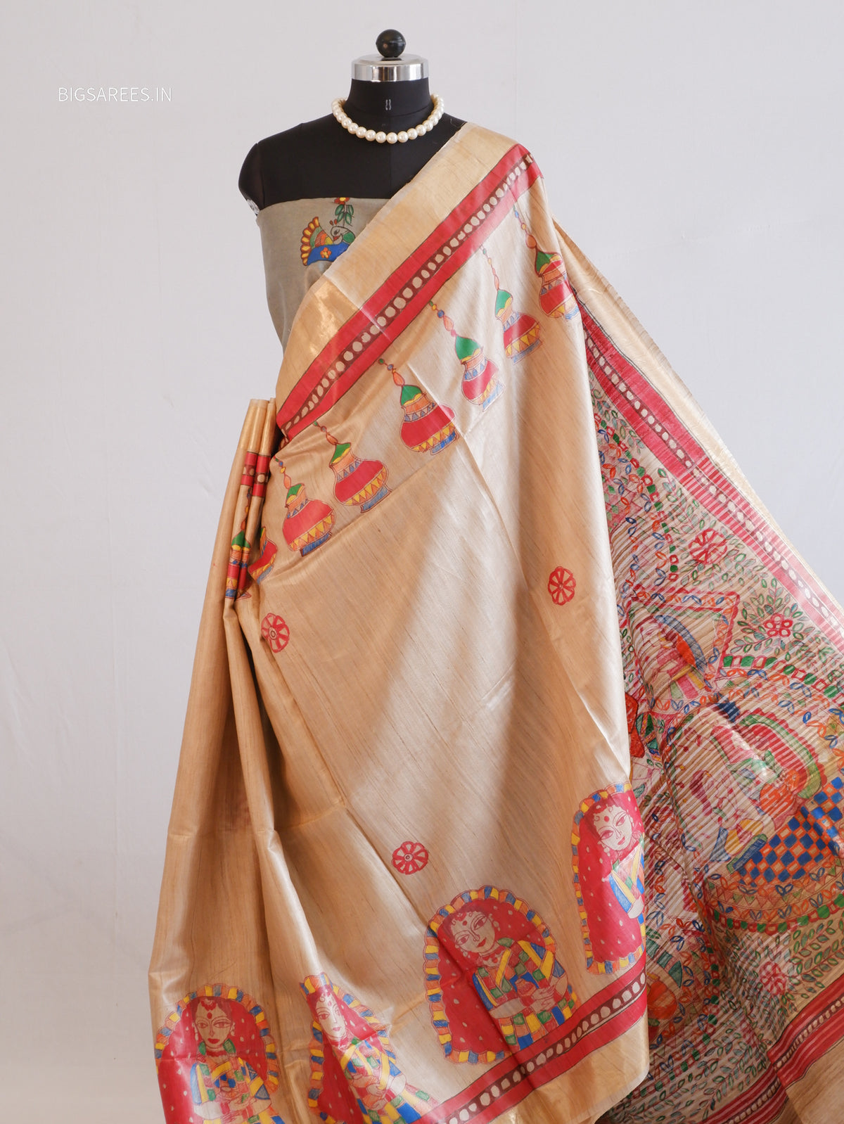 Handcrafted Madhubani Saree | Pure Desi Tussar Silk | Silk Mark Certified | Beige