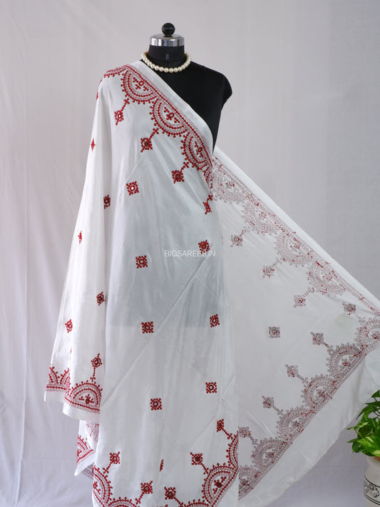 Kutchi Work Dupatta | Blended Bangalore Silk | Real Mirror Work | White
