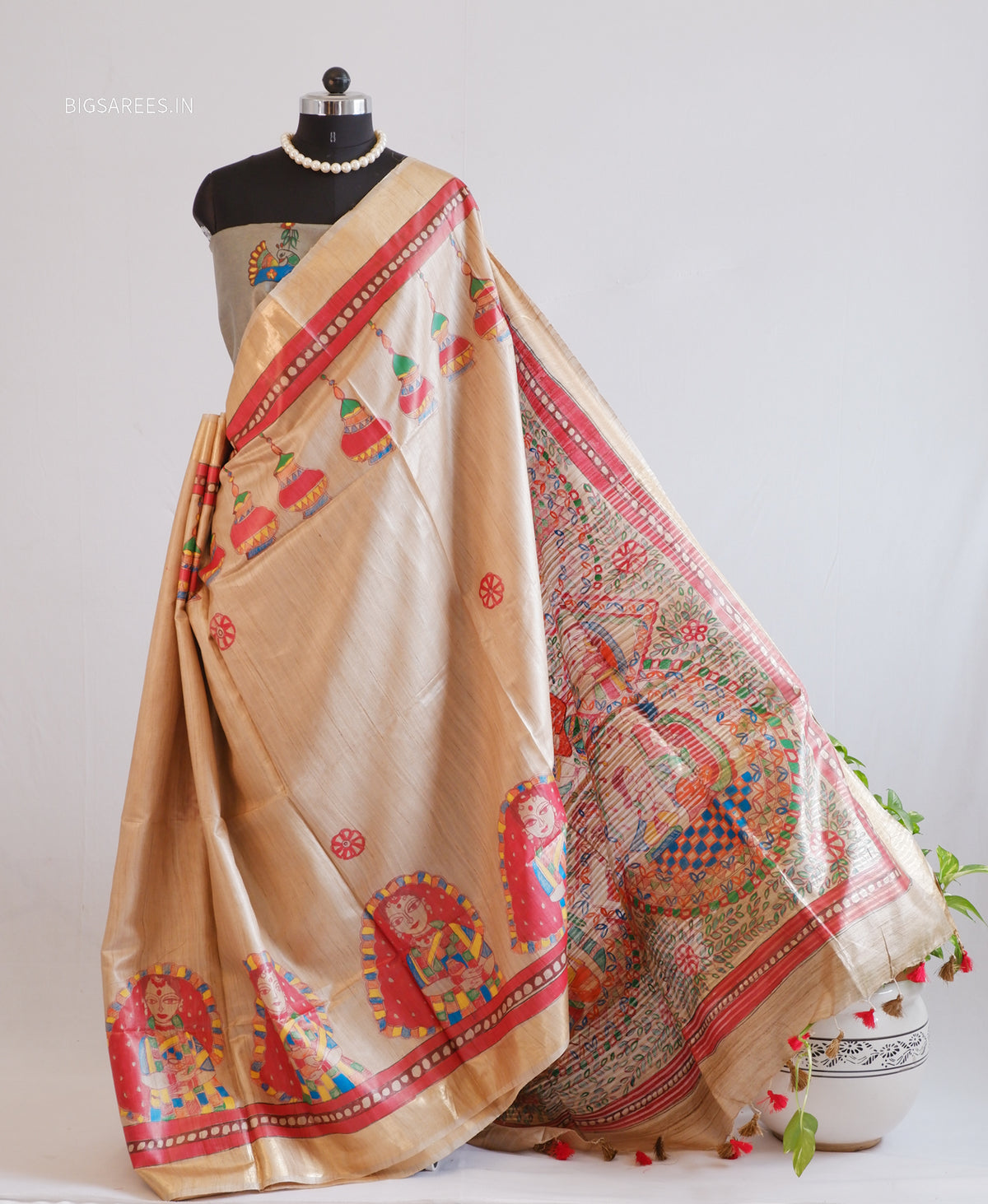 Handcrafted Madhubani Saree | Pure Desi Tussar Silk | Silk Mark Certified | Beige