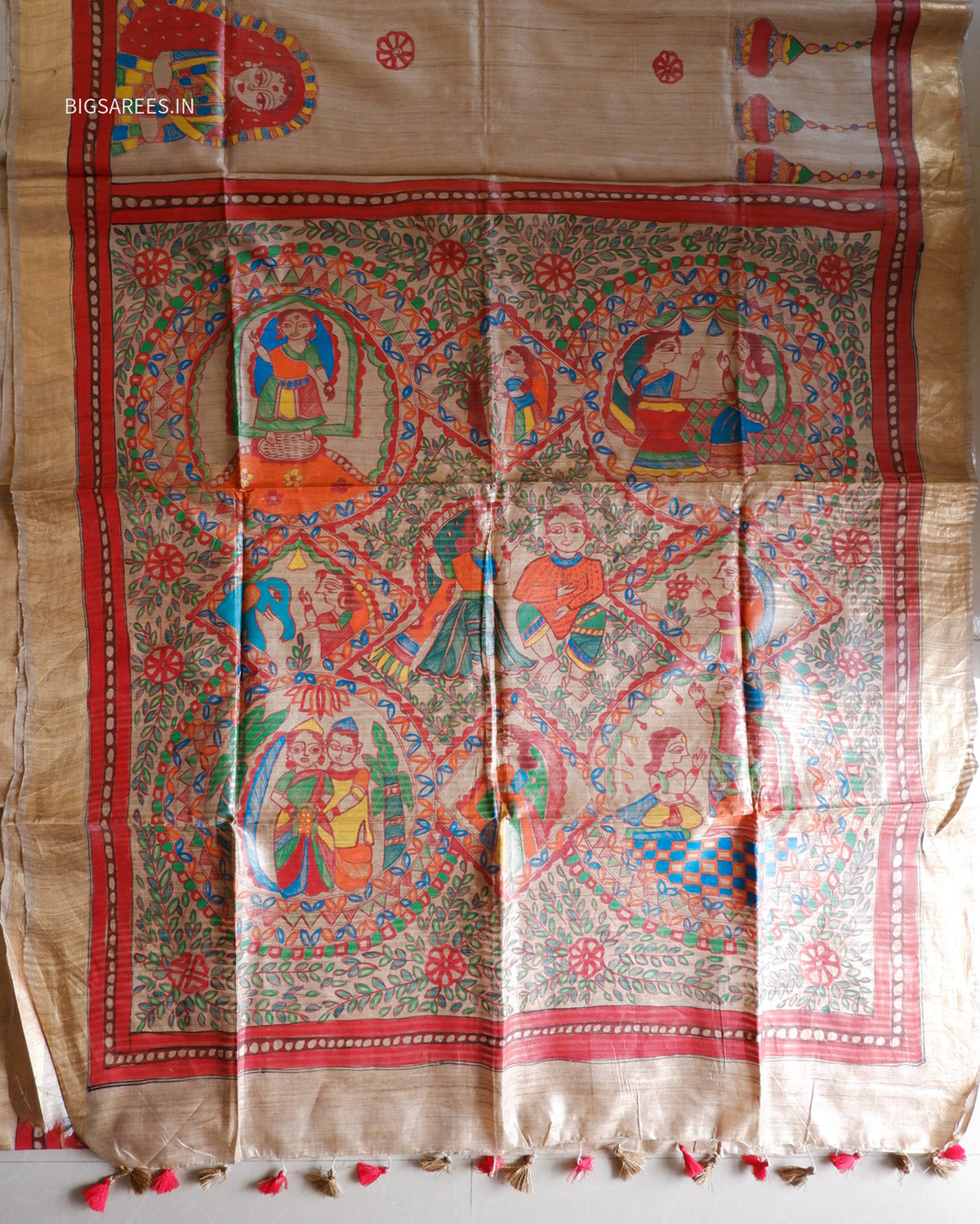 Handcrafted Madhubani Saree | Pure Desi Tussar Silk | Silk Mark Certified | Beige