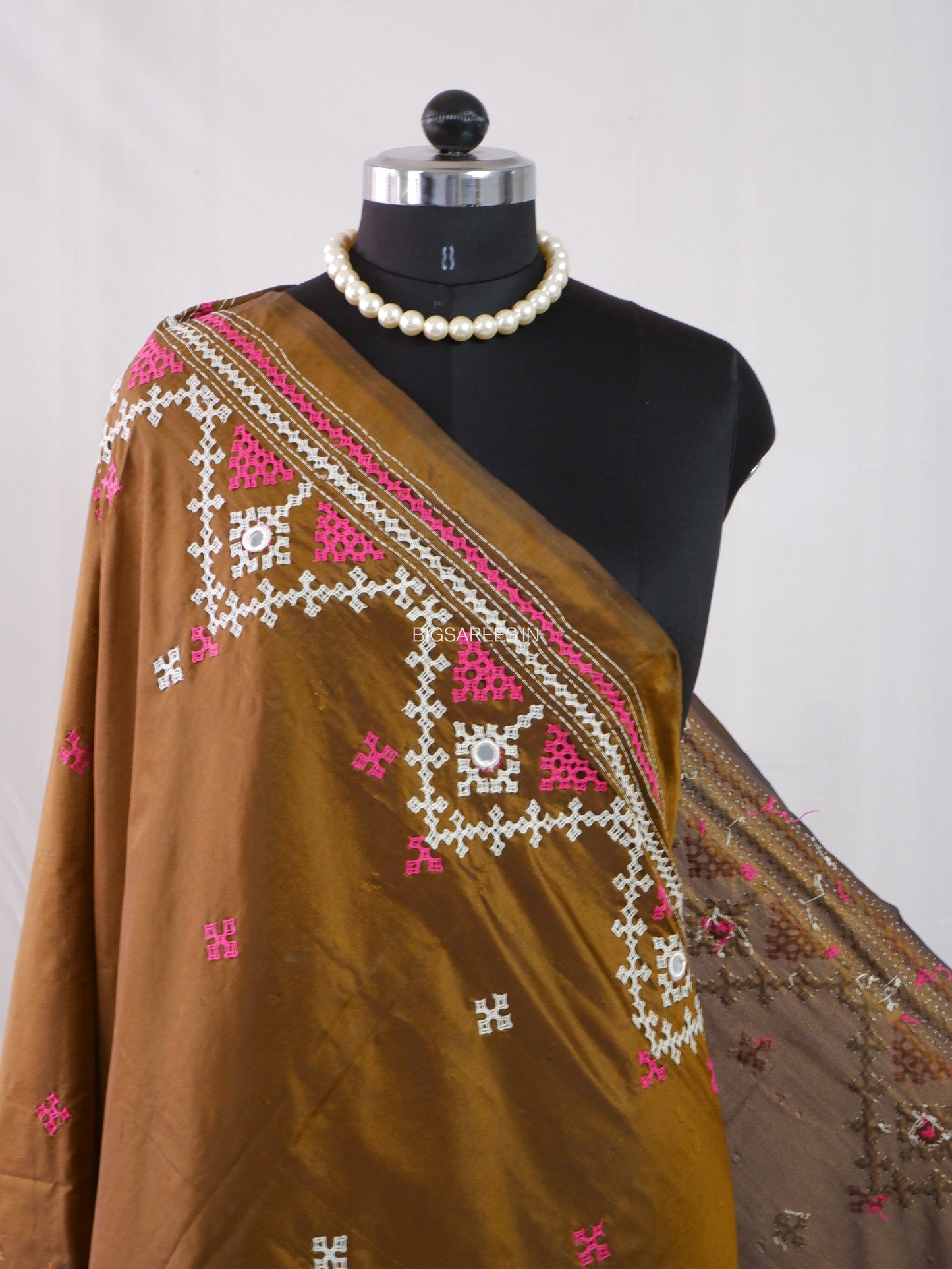 Kutchi Work Dupatta | Blended Bangalore Silk | Real Mirror | Brown