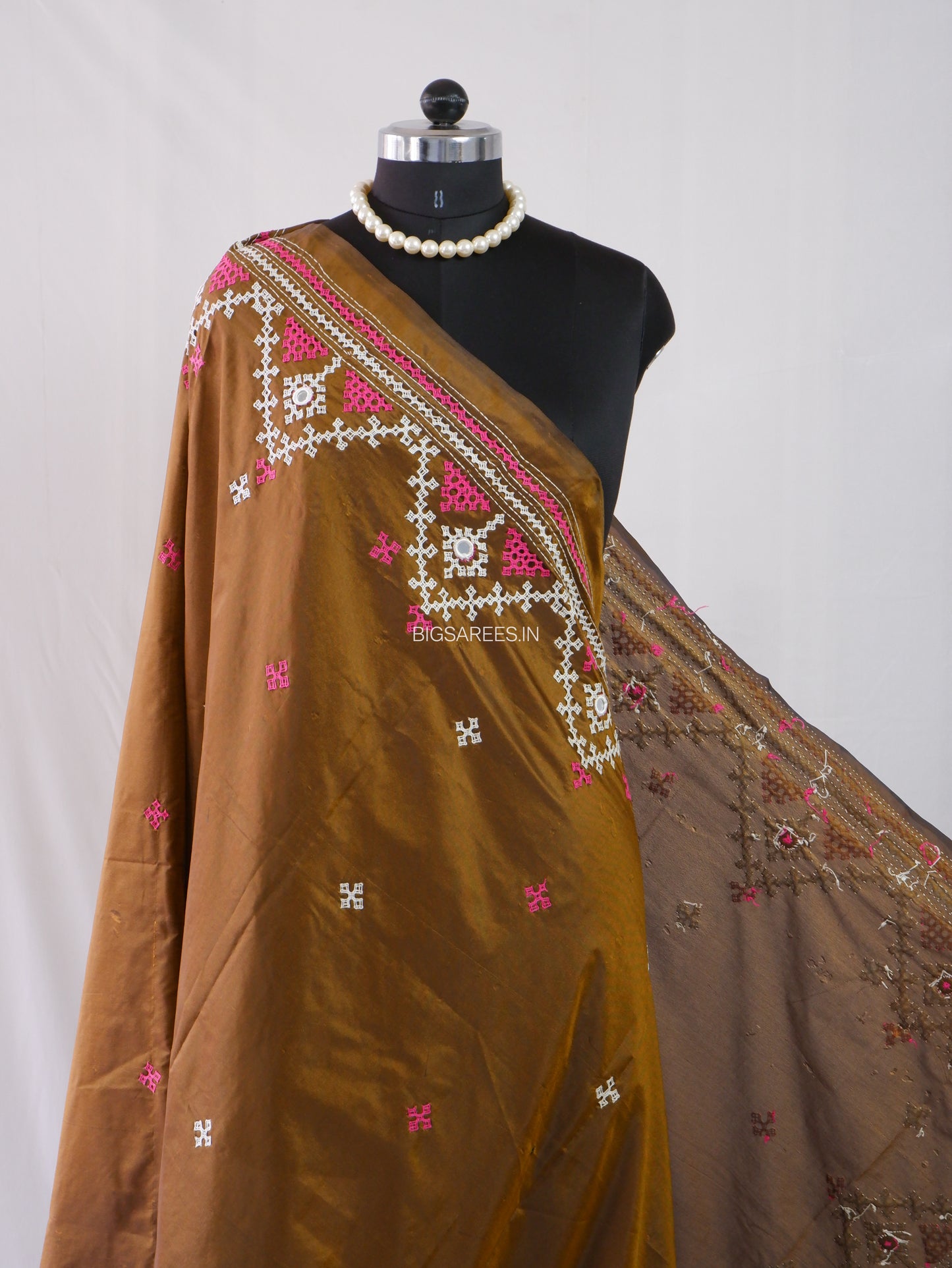 Kutchi Work Dupatta | Blended Bangalore Silk | Real Mirror | Brown