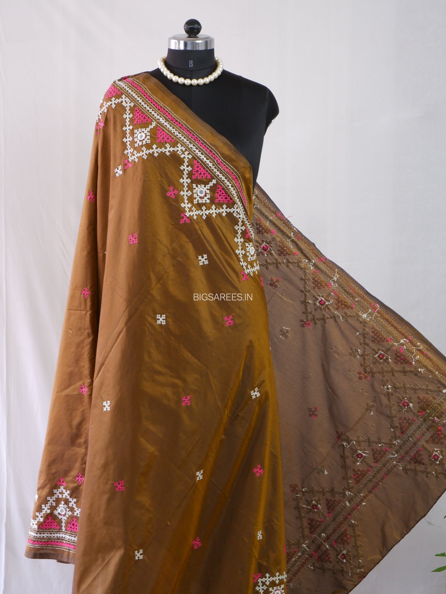 Kutchi Work Dupatta | Blended Bangalore Silk | Real Mirror | Brown
