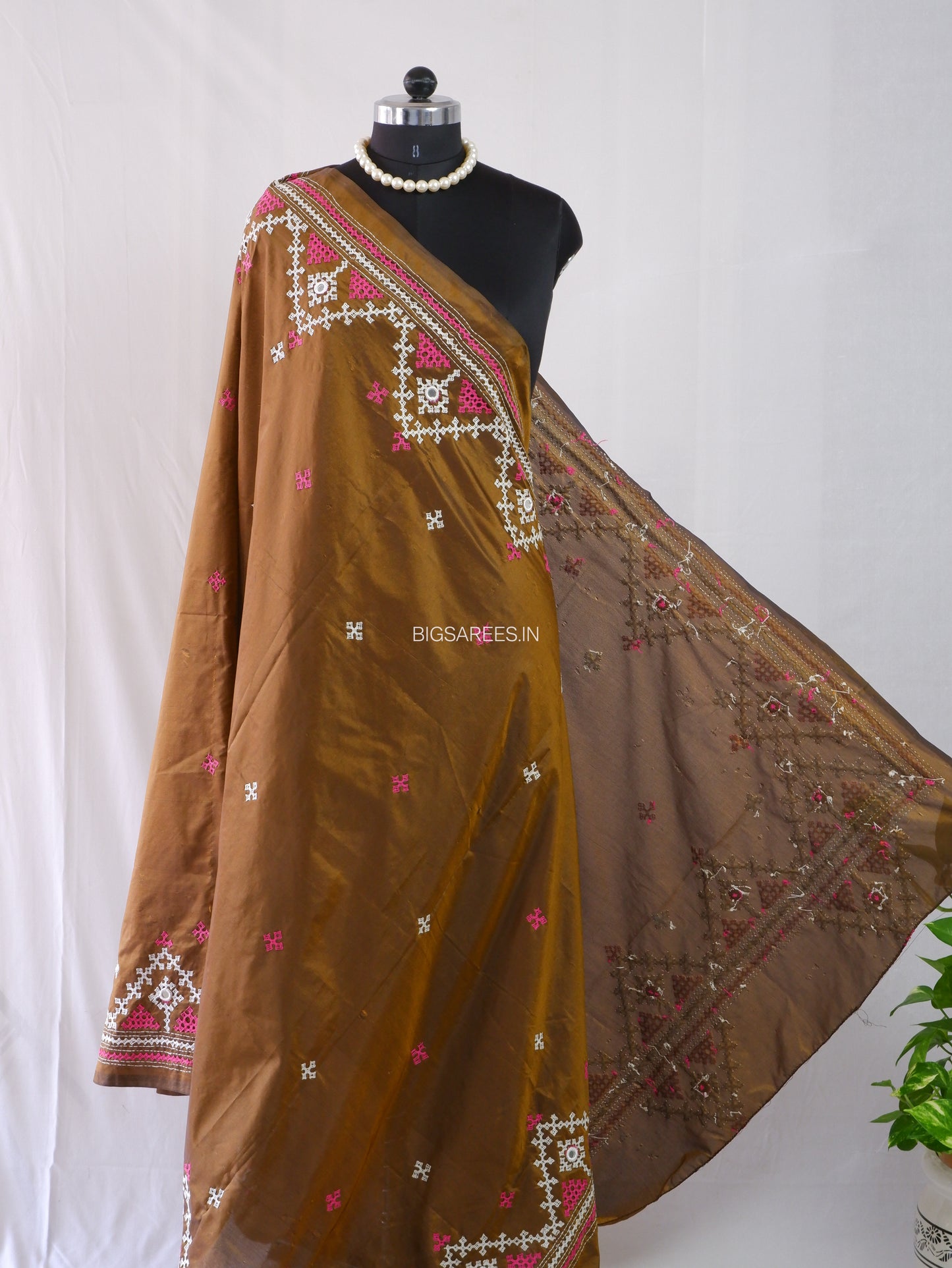 Kutchi Work Dupatta | Blended Bangalore Silk | Real Mirror | Brown