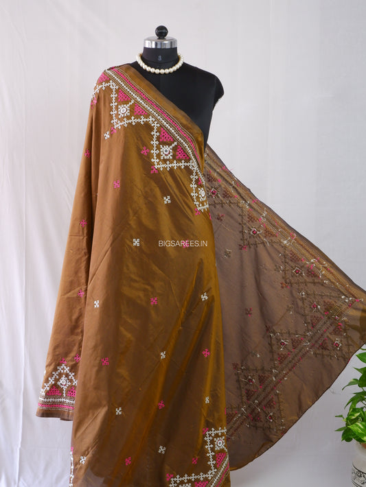 Kutchi Work Dupatta | Blended Bangalore Silk | Real Mirror | Brown