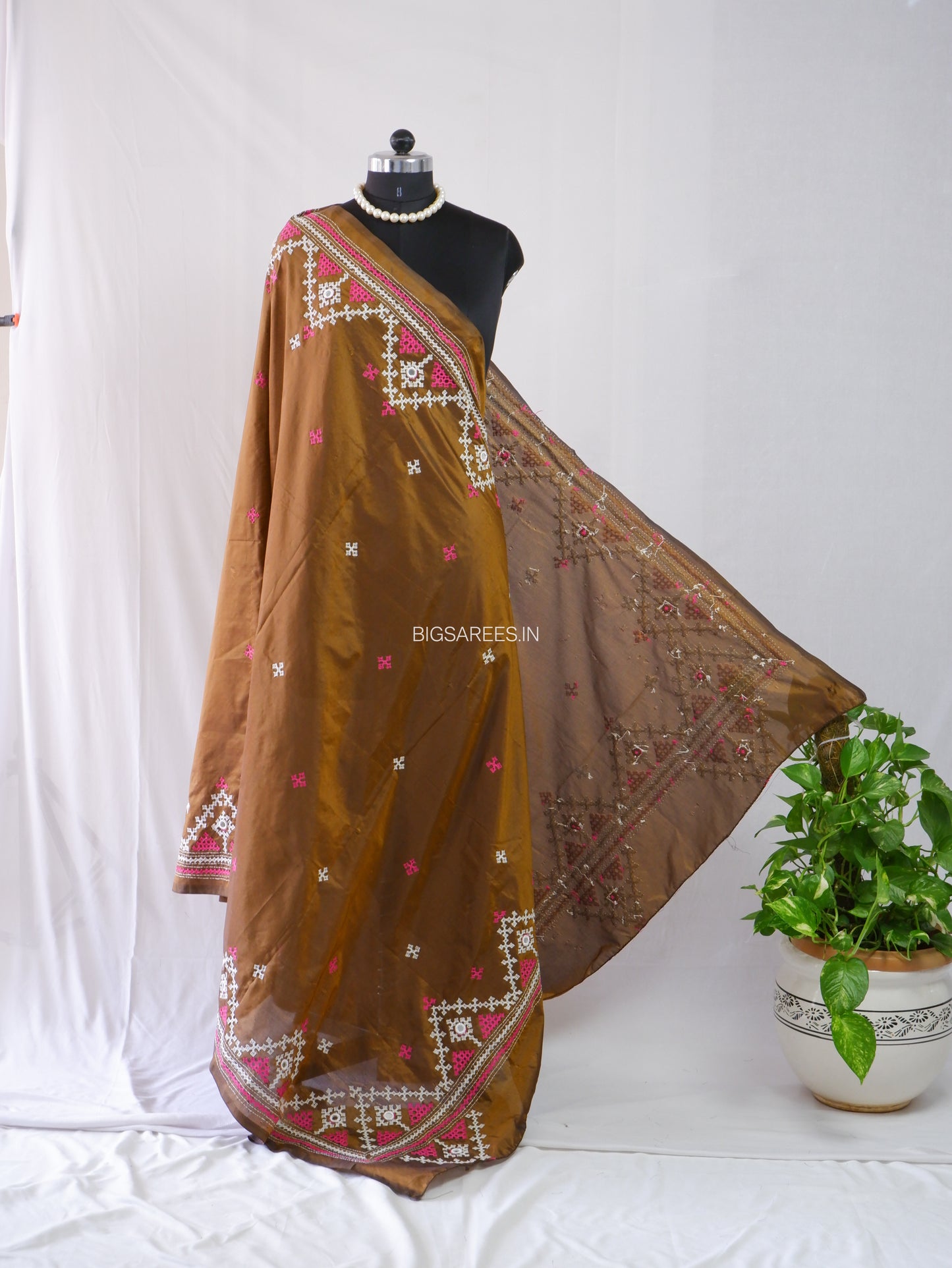 Kutchi Work Dupatta | Blended Bangalore Silk | Real Mirror | Brown