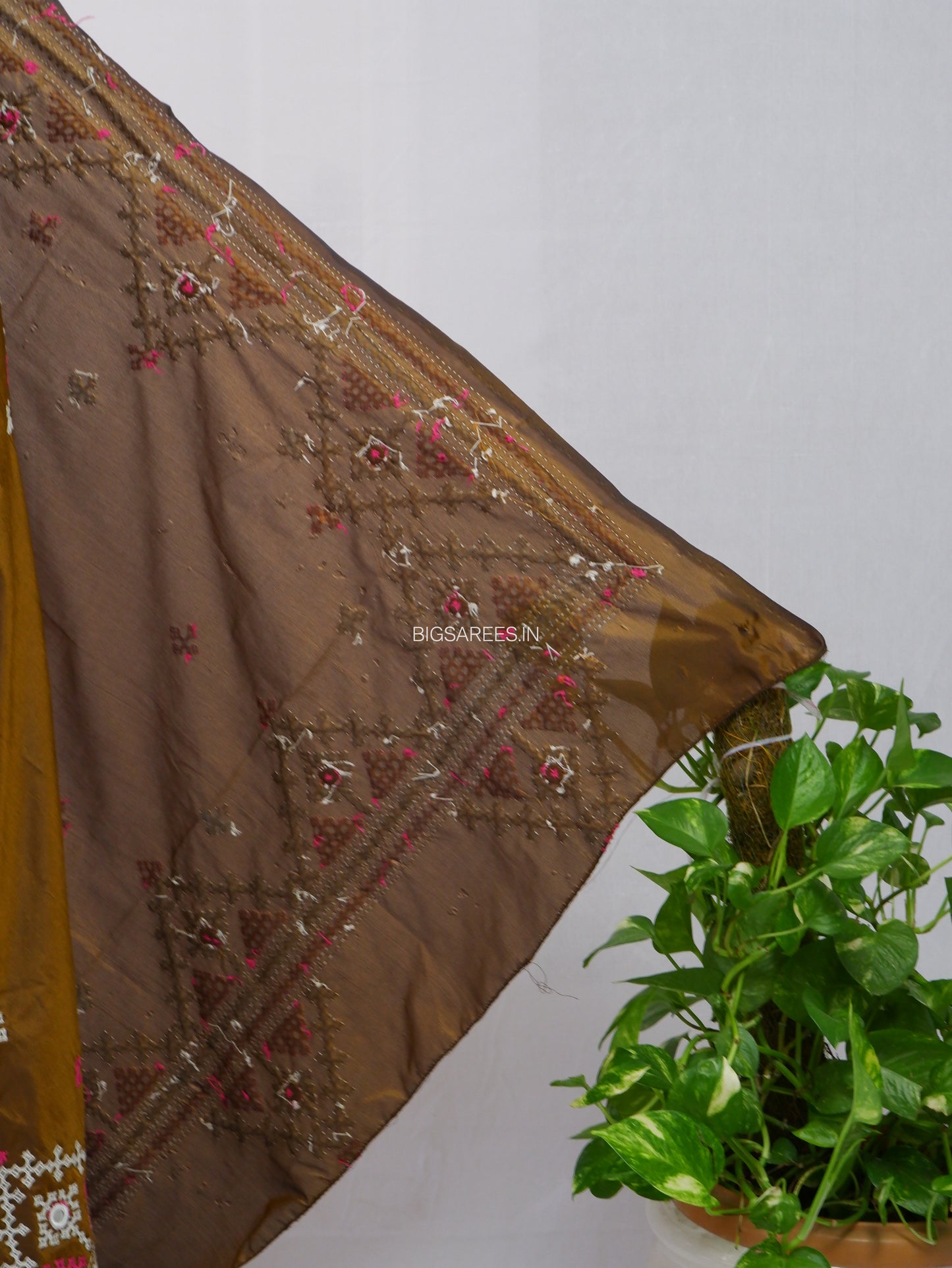 Kutchi Work Dupatta | Blended Bangalore Silk | Real Mirror | Brown