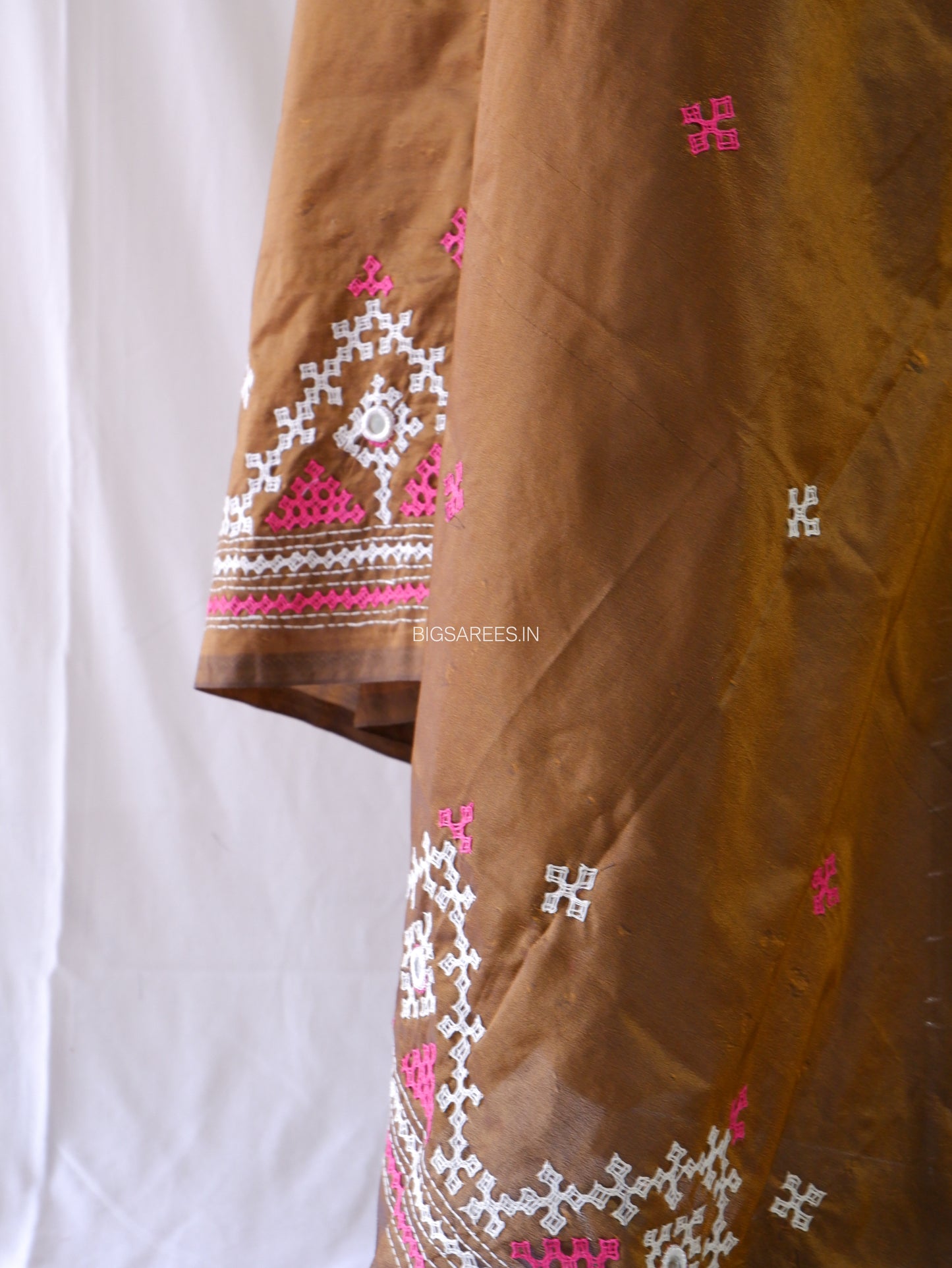 Kutchi Work Dupatta | Blended Bangalore Silk | Real Mirror | Brown