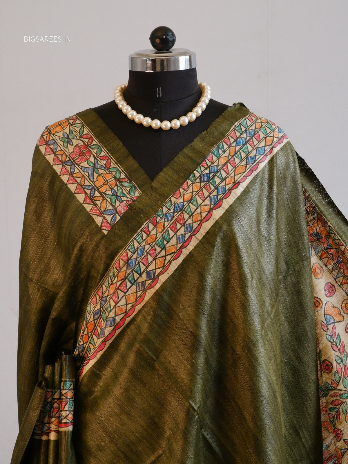 Handcrafted Madhubani Saree | Pure Tussar Ghicha Silk | Silk Mark Certified | Olive Green
