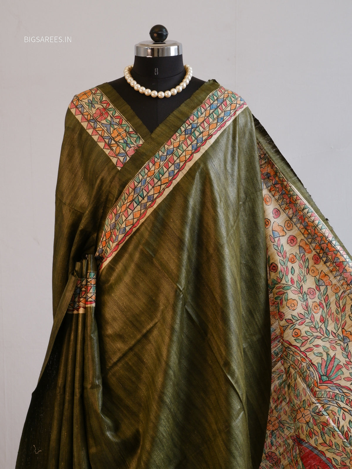 Handcrafted Madhubani Saree | Pure Tussar Ghicha Silk | Silk Mark Certified | Olive Green