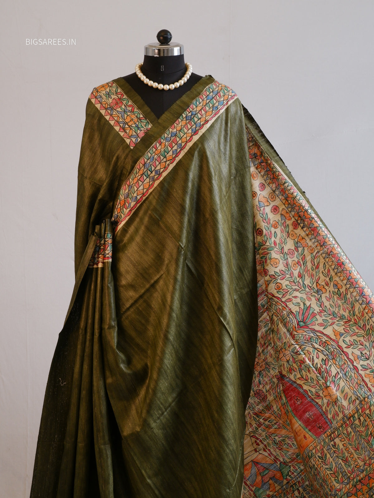 Handcrafted Madhubani Saree | Pure Tussar Ghicha Silk | Silk Mark Certified | Olive Green
