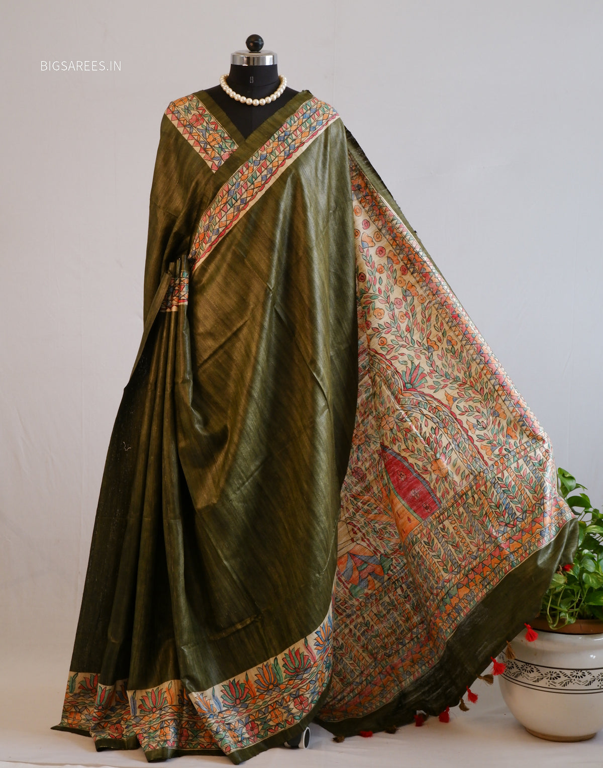 Handcrafted Madhubani Saree | Pure Tussar Ghicha Silk | Silk Mark Certified | Olive Green