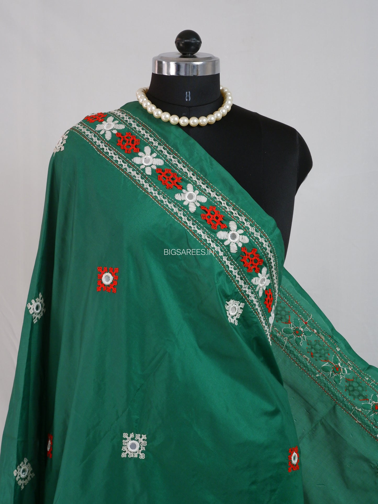 Kutchi Work Dupatta | Blended Bangalore Silk | Real Mirror | Green