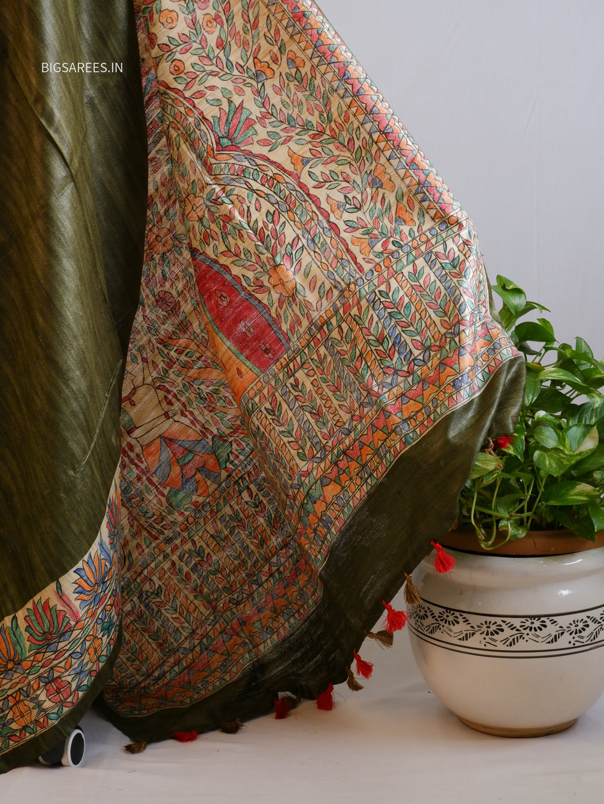 Handcrafted Madhubani Saree | Pure Tussar Ghicha Silk | Silk Mark Certified | Olive Green