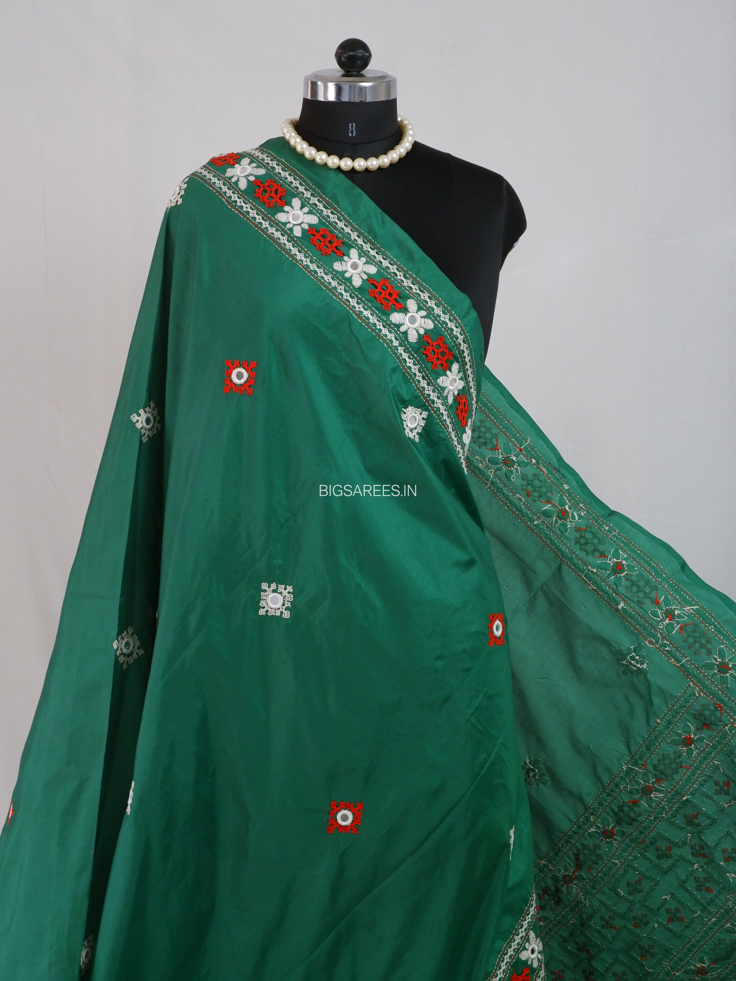 Kutchi Work Dupatta | Blended Bangalore Silk | Real Mirror | Green