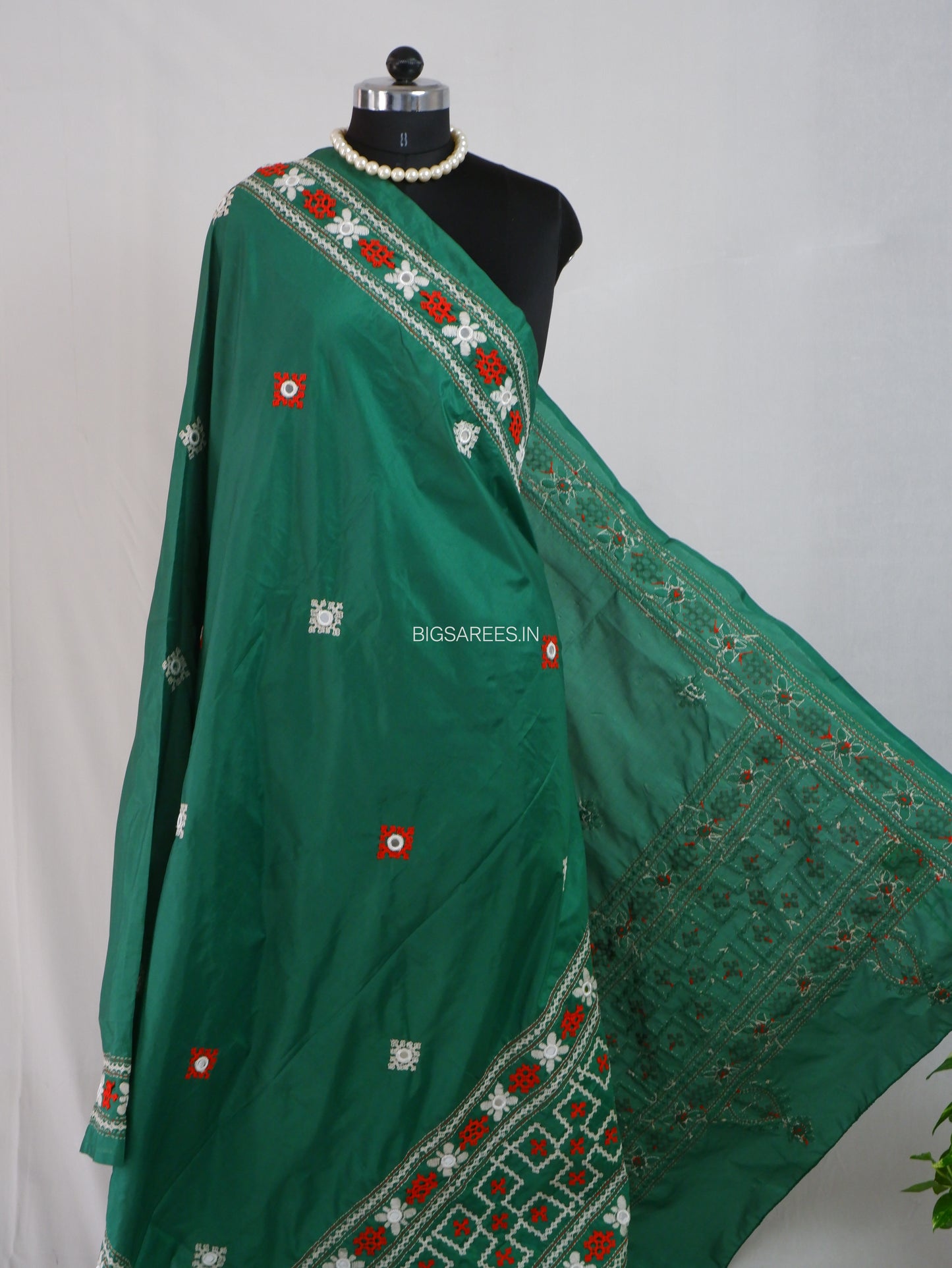 Kutchi Work Dupatta | Blended Bangalore Silk | Real Mirror | Green