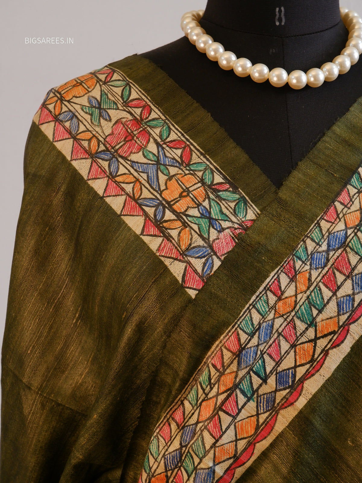 Handcrafted Madhubani Saree | Pure Tussar Ghicha Silk | Silk Mark Certified | Olive Green