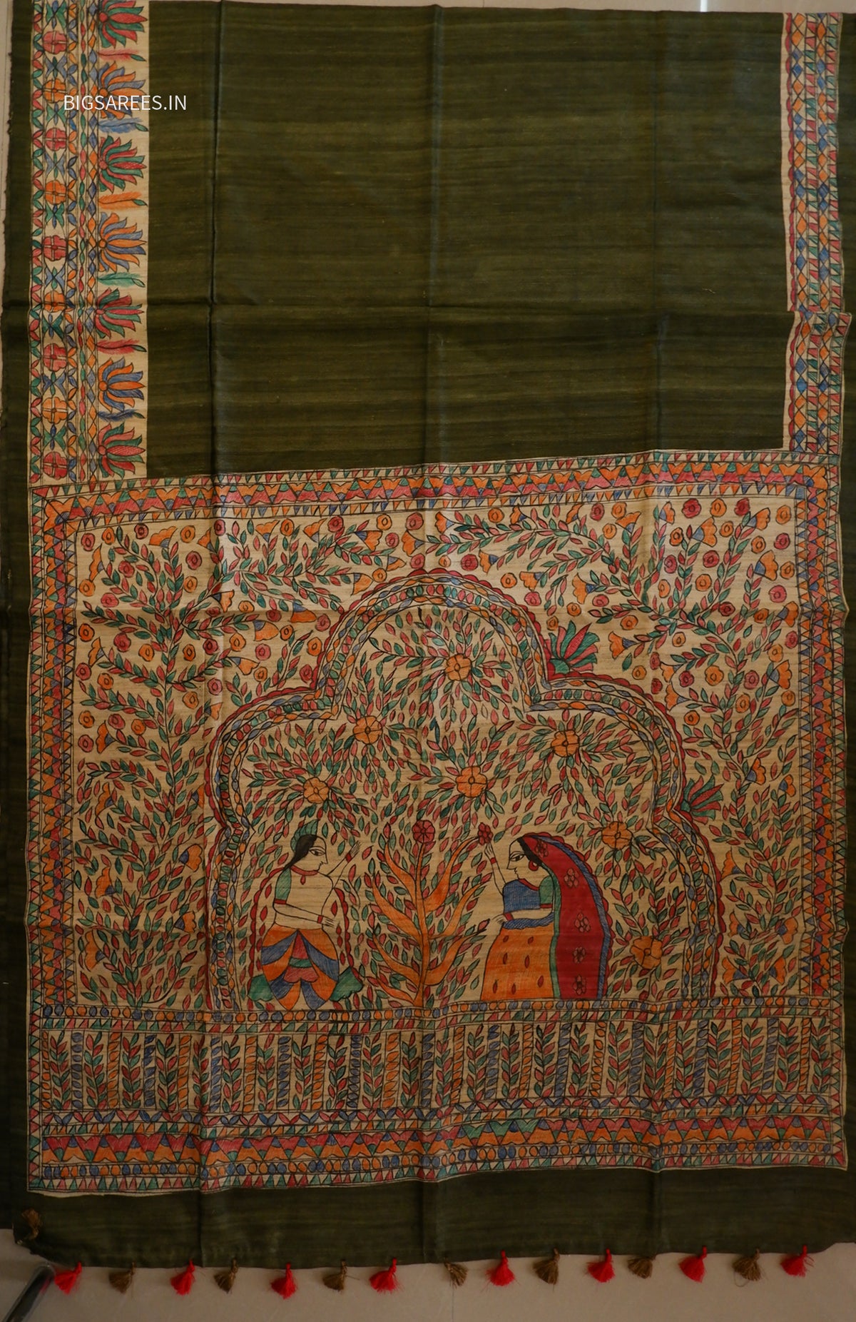 Handcrafted Madhubani Saree | Pure Tussar Ghicha Silk | Silk Mark Certified | Olive Green