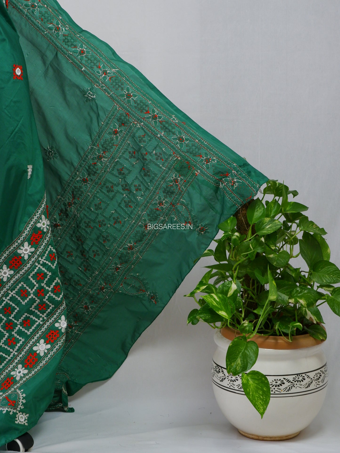Kutchi Work Dupatta | Blended Bangalore Silk | Real Mirror | Green