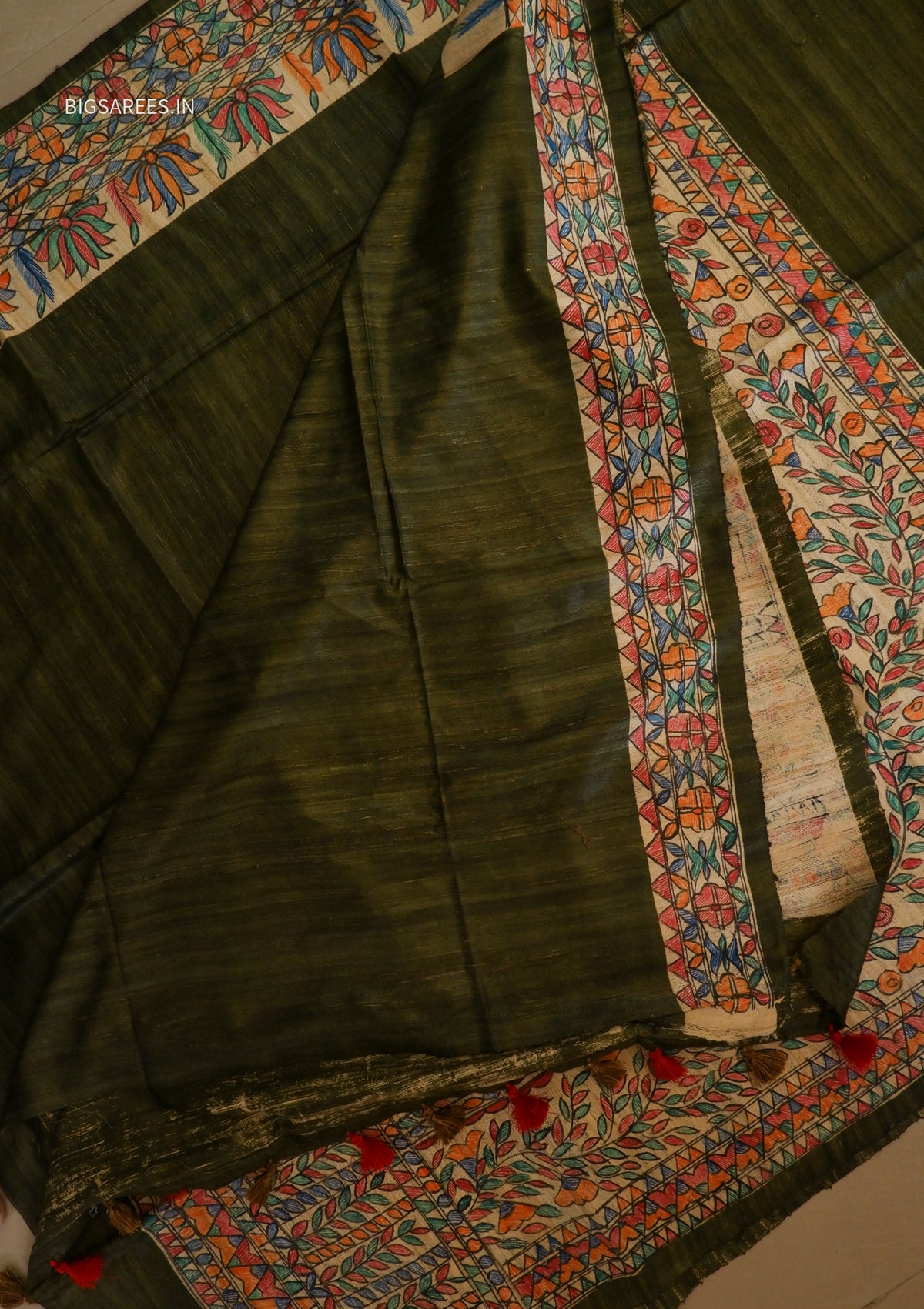 Handcrafted Madhubani Saree | Pure Tussar Ghicha Silk | Silk Mark Certified | Olive Green