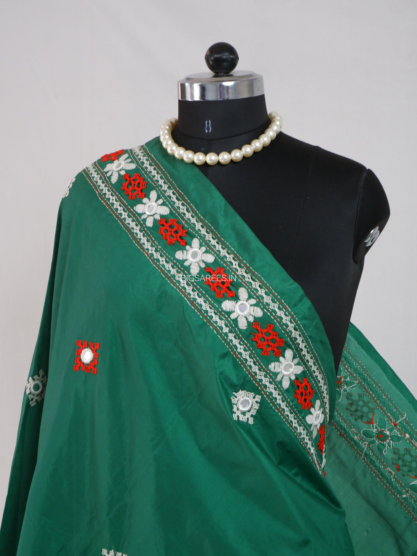 Kutchi Work Dupatta | Blended Bangalore Silk | Real Mirror | Green