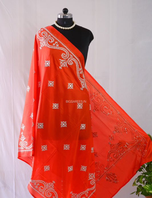 Kutchi Work Dupatta | Blended Bangalore Silk | Foil Mirror | Red