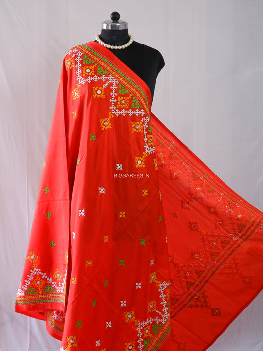 Kutchi Work Dupatta | Blended Bangalore Silk | Red